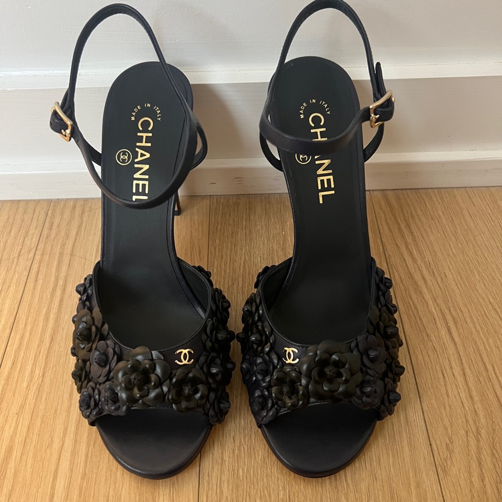 Chanel Black Heeled Floral Embellished Heels